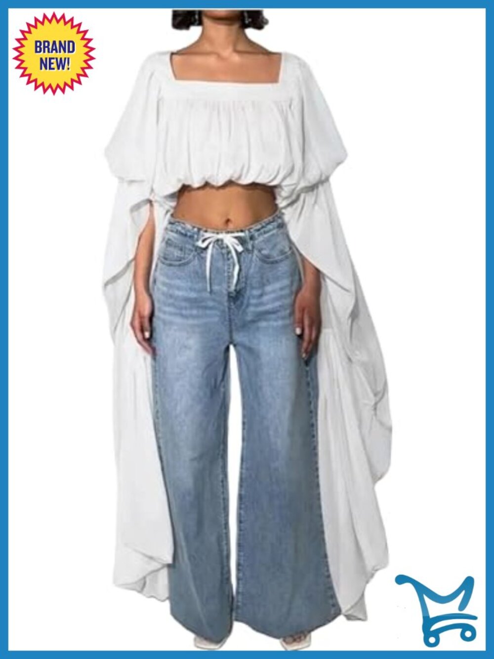 Women Flowy Chiffon Crop Blouse Ruffle Long Bell Sleeve Top